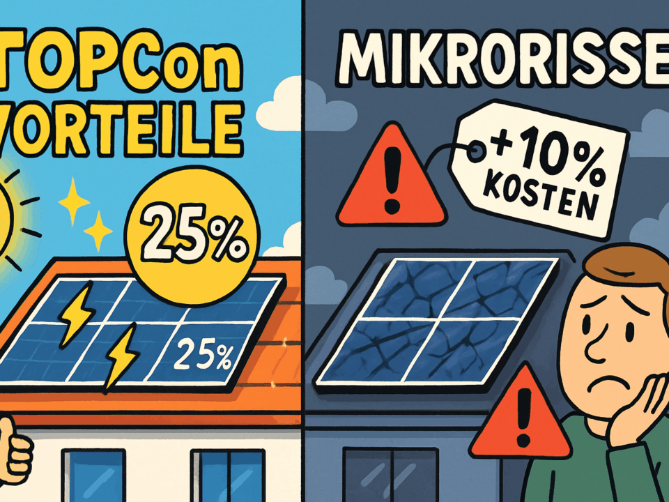 Gegenüberstellung von TOPCon Solarzellen: links intakte, effiziente Module und rechts Module mit sichtbaren Mikrorissen als Symbol für das Risiko
